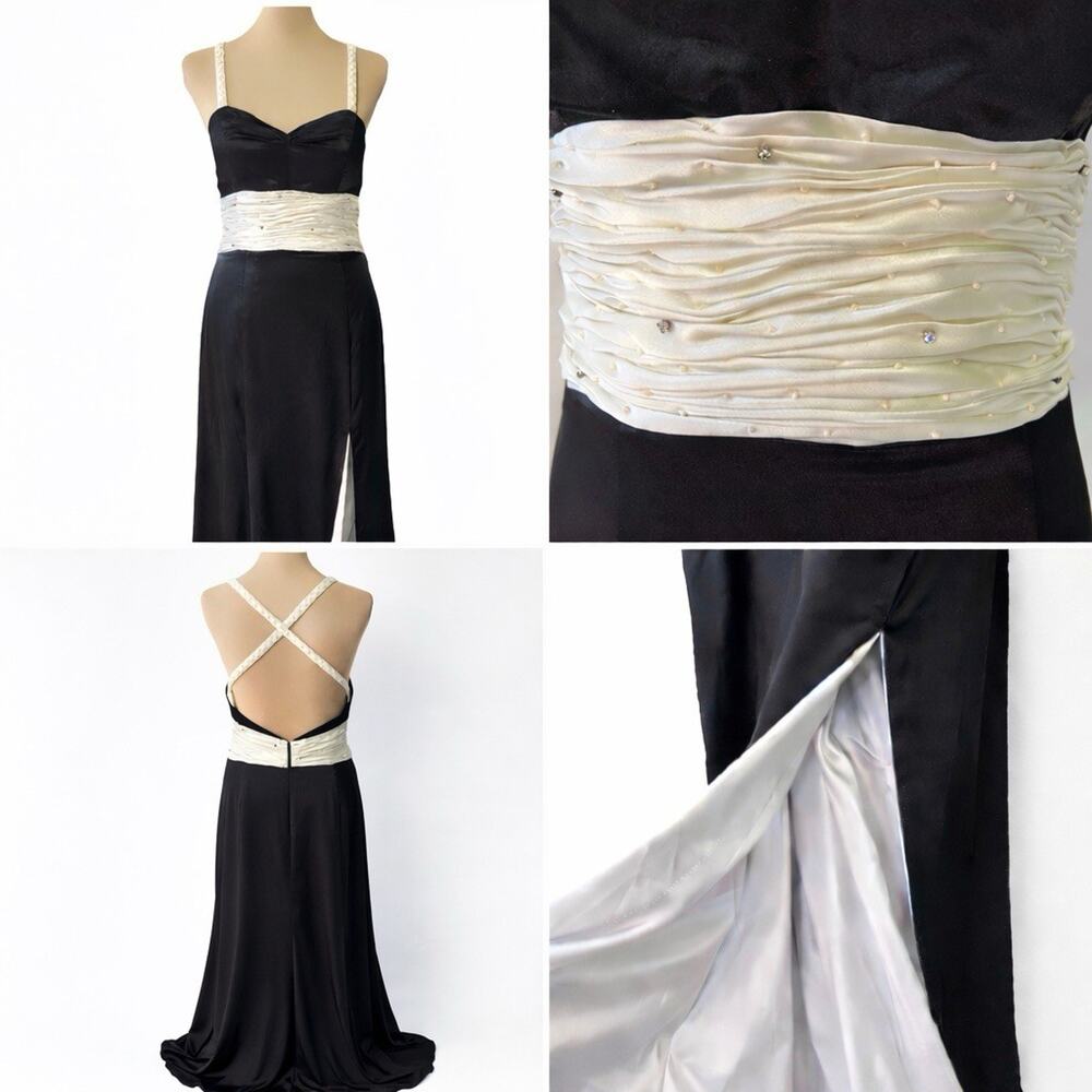 Y2K Prom Dress Maxi‎ Beaded Goth Black White Satin Train Sz 8 Fit & Flare Bling